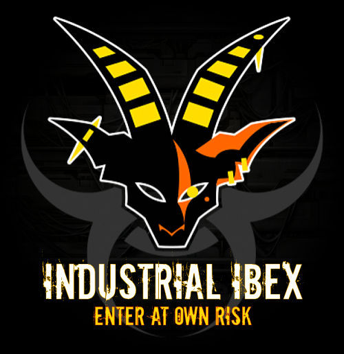 A biohazard logo with a stylized ibex head in a black and orange color scheme and a metallic background. Below, there's a text that says 'Industrial Ibex – Enter at own risk'